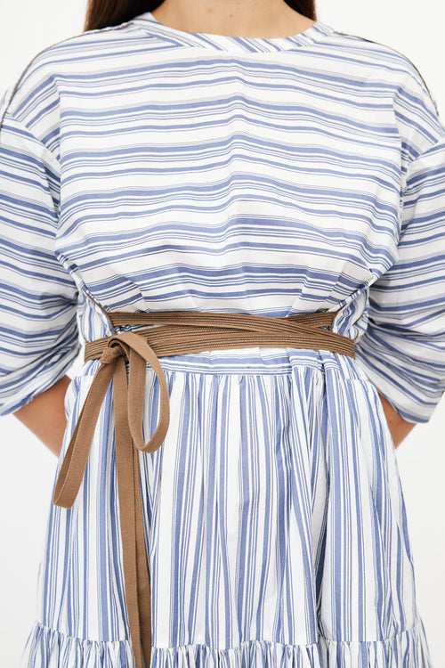 Brunello Cucinelli Blue 
White Stripe Monili Belted Dress