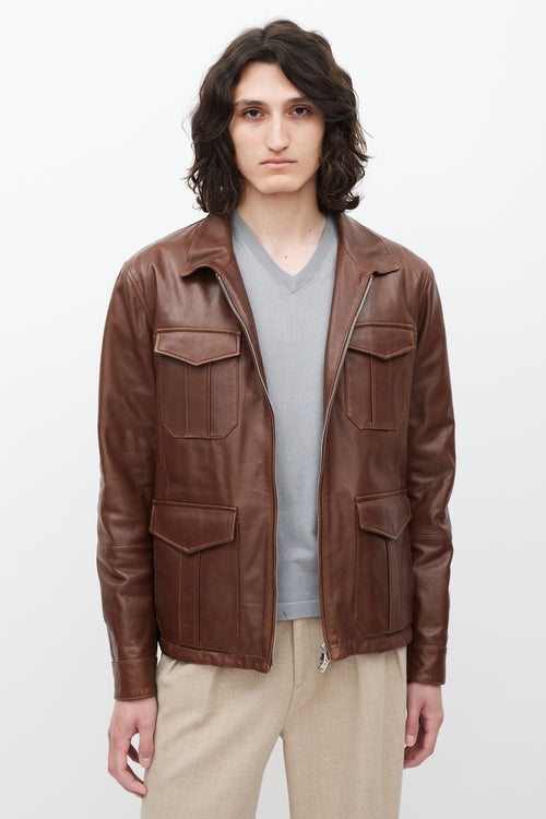 Brunello Cucinelli Brown Leather Four Pocket Zip Jacket