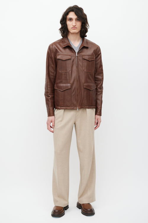 Brunello Cucinelli Brown Leather Four Pocket Zip Jacket