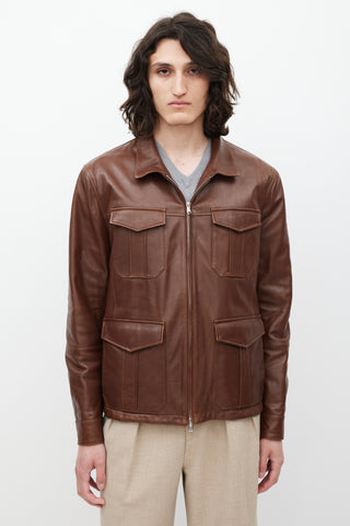 Brunello Cucinelli Brown Leather Four Pocket Zip Jacket