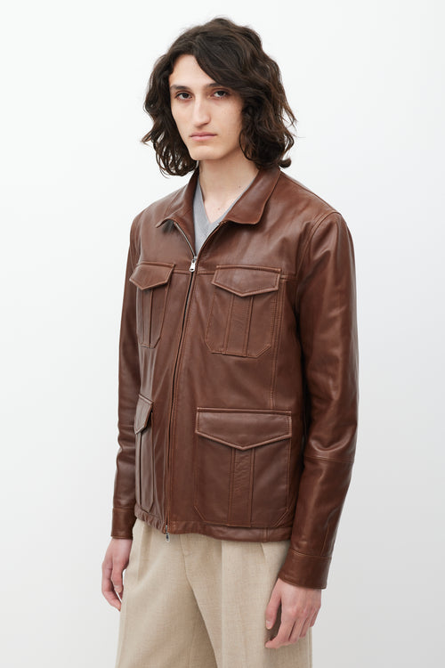 Brunello Cucinelli Brown Leather Four Pocket Zip Jacket