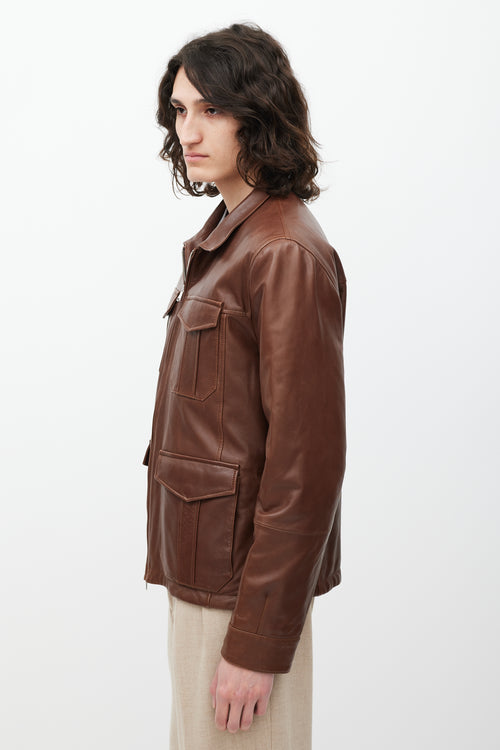 Brunello Cucinelli Brown Leather Four Pocket Zip Jacket