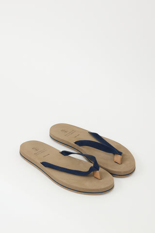 Brunello Cucinelli Brown 
Navy Cotton Canvas Flip Flop