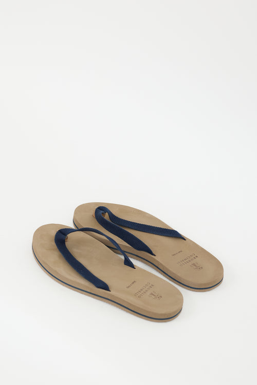 Brunello Cucinelli Brown 
Navy Cotton Canvas Flip Flop