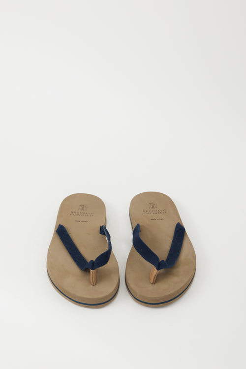 Brunello Cucinelli Brown 
Navy Cotton Canvas Flip Flop