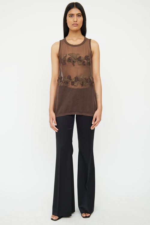 Brunello Cucinelli Sheer Brown Knit Embellished Top