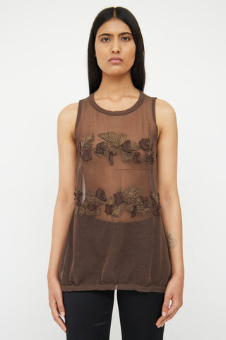 Brunello Cucinelli Sheer Brown Knit Embellished Top