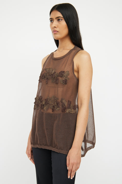 Brunello Cucinelli Sheer Brown Knit Embellished Top