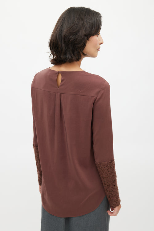 Brunello Cucinelli Brown Silk Crochet Top