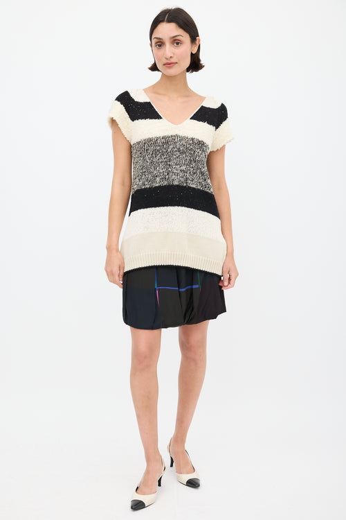 Brunello Cucinelli Cream 
Black Panelled Ribbon Back Top