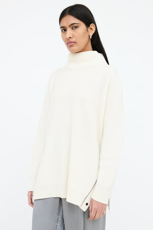 Brunello Cucinelli Cream Cashmere Side Snap Sweater