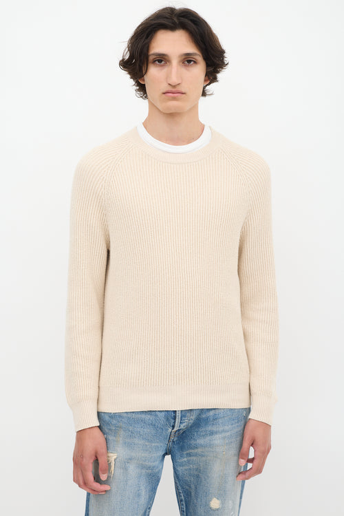 Brunello Cucinelli Beige Cotton Rib Knit Sweater