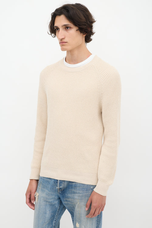 Brunello Cucinelli Beige Cotton Rib Knit Sweater