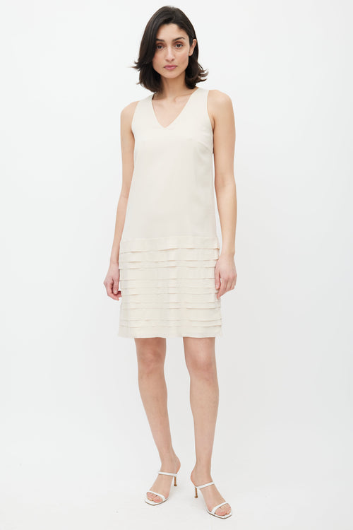 Brunello Cucinelli Cream Ruffled Silk V-Neck Dress