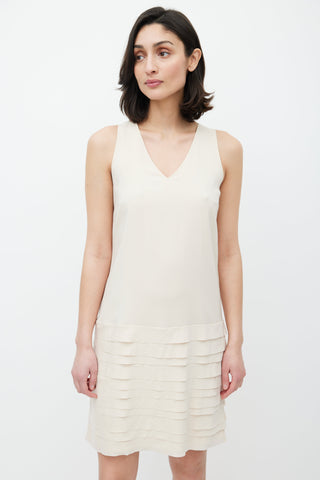 Brunello Cucinelli Cream Ruffled Silk V-Neck Dress