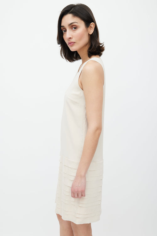 Brunello Cucinelli Cream Ruffled Silk V-Neck Dress