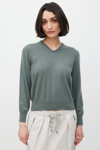 Brunello Cucinelli Green Knit Cashmere V-Neck Sweater