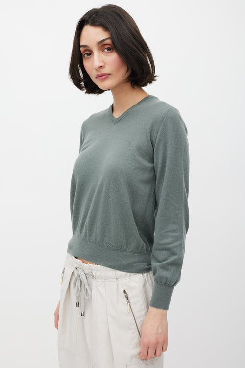 Brunello Cucinelli Green Knit Cashmere V-Neck Sweater