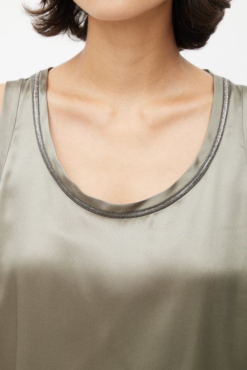 Brunello Cucinelli Green Satin Monili Trim Tank