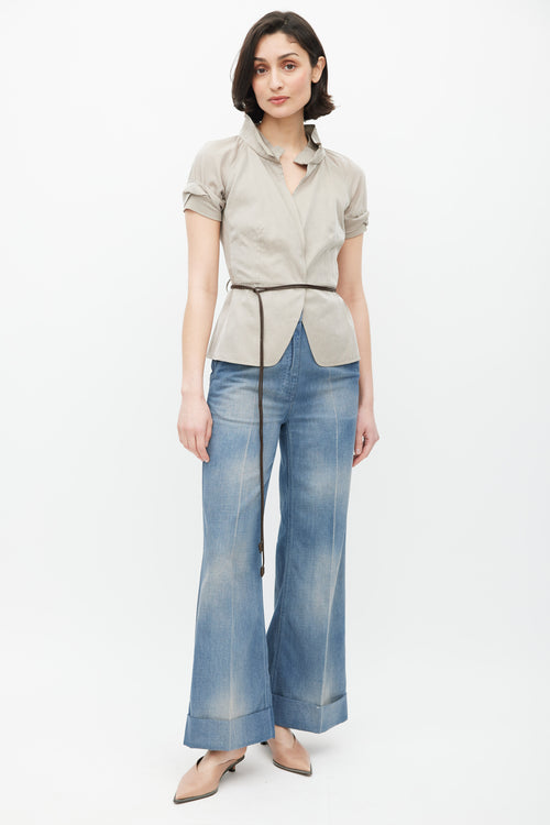 Brunello Cucinelli Grey 
Brown V-Neck Belted Top