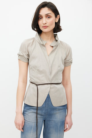 Brunello Cucinelli Grey 
Brown V-Neck Belted Top