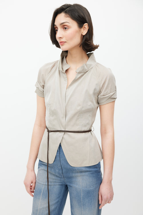 Brunello Cucinelli Grey 
Brown V-Neck Belted Top