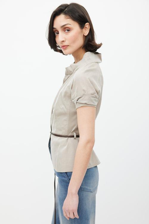 Brunello Cucinelli Grey 
Brown V-Neck Belted Top