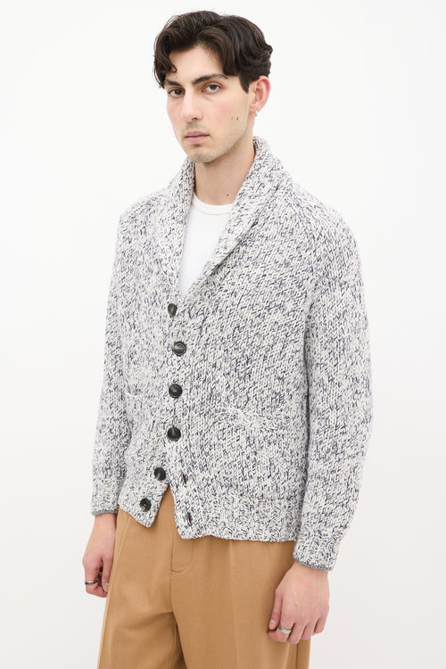 Brunello Cucinelli White 
Navy Heathered Wool Knit Cardigan