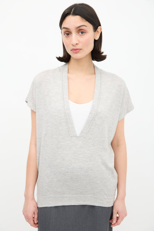 Brunello Cucinelli Grey Cashmere 
Silk V-Neck Top