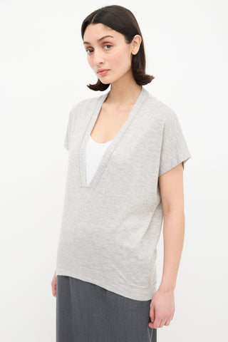 Brunello Cucinelli Grey Cashmere 
Silk V-Neck Top