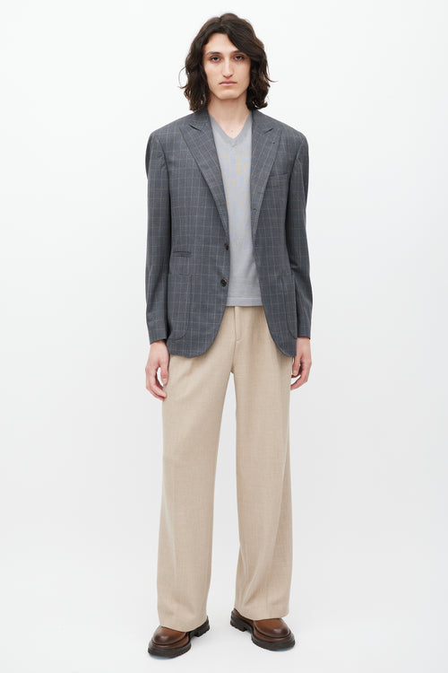 Brunello Cucinelli Grey Grid Patterned Wool Blazer