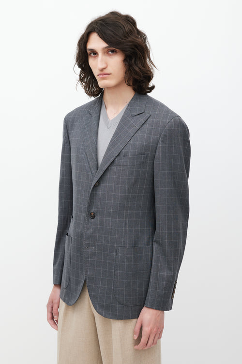 Brunello Cucinelli Grey Grid Patterned Wool Blazer