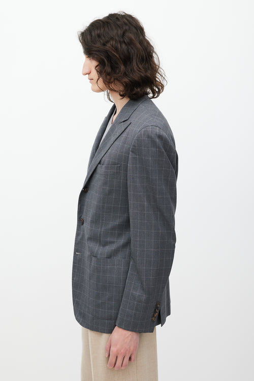 Brunello Cucinelli Grey Grid Patterned Wool Blazer