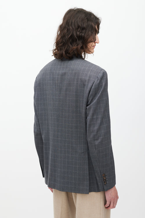 Brunello Cucinelli Grey Grid Patterned Wool Blazer