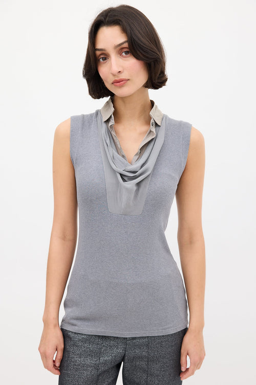 Brunello Cucinelli Grey Knit 
Silk Bib Shirt