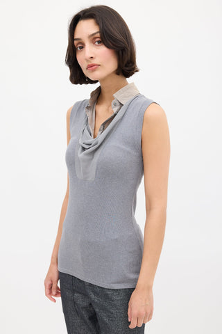 Brunello Cucinelli Grey Knit 
Silk Bib Shirt