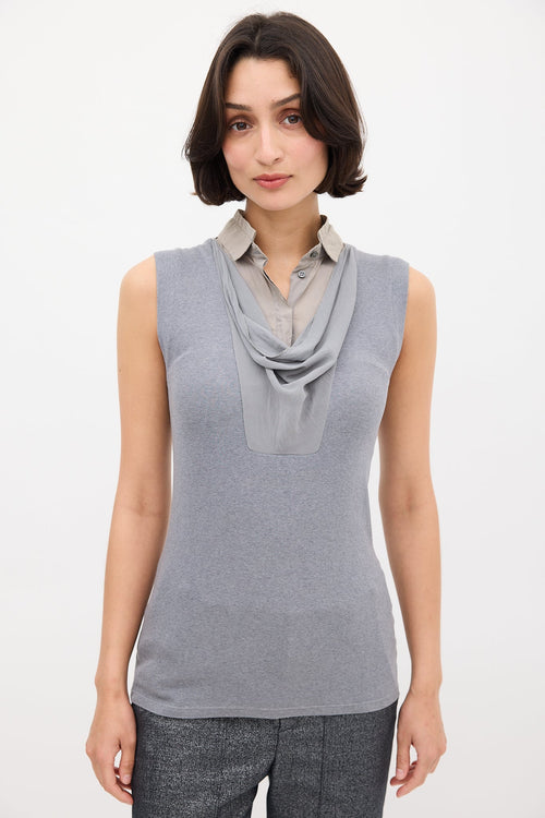 Brunello Cucinelli Grey Knit 
Silk Bib Shirt