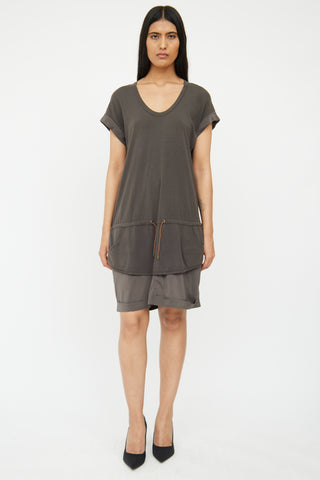 Brunello Cucinelli Grey Cotton 
Silk Layered Drawstring Dress