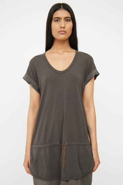 Brunello Cucinelli Grey Cotton 
Silk Layered Drawstring Dress