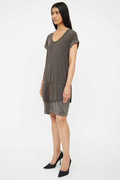 Brunello Cucinelli Grey Cotton 
Silk Layered Drawstring Dress