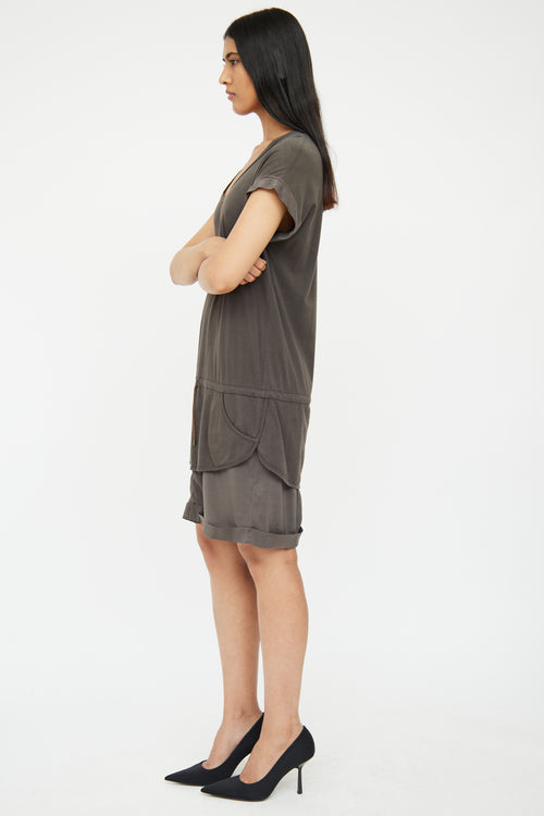 Brunello Cucinelli Grey Cotton 
Silk Layered Drawstring Dress