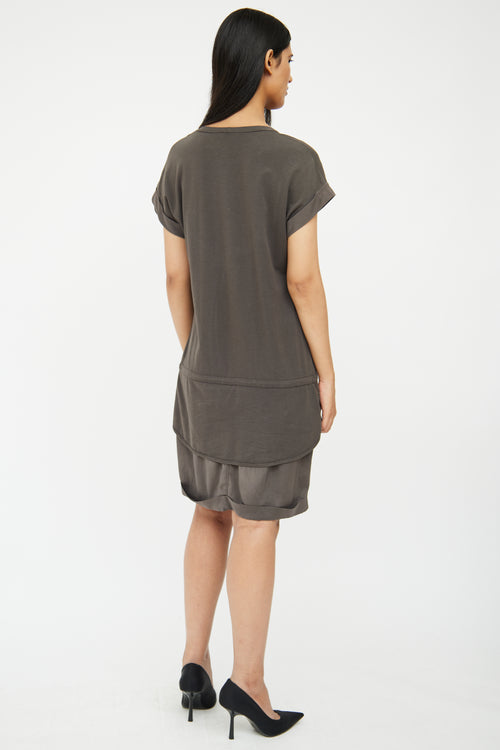 Brunello Cucinelli Grey Cotton 
Silk Layered Drawstring Dress