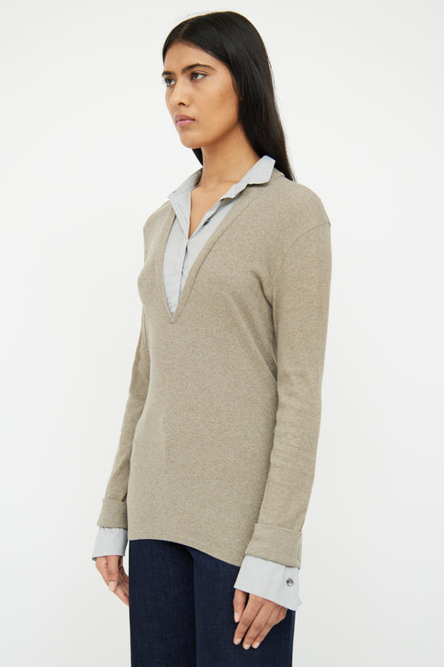 Brunello Cucinelli Grey Layered 
Collared Rib Knit Top