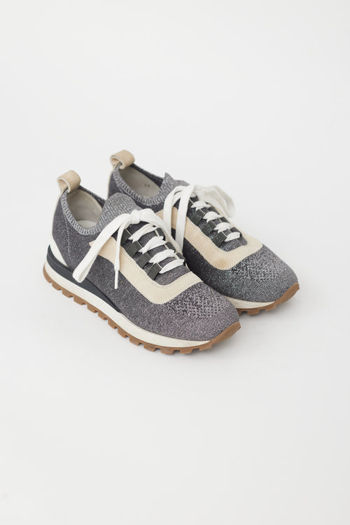 Brunello Cucinelli Grey 
Silver Knit Sneaker