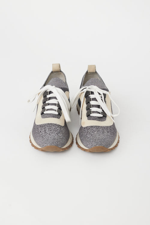 Brunello Cucinelli Grey 
Silver Knit Sneaker