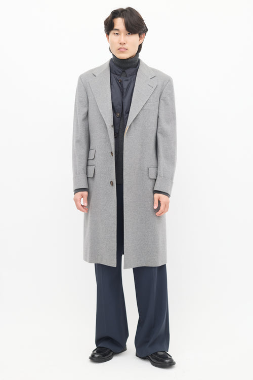 Brunello Cucinelli Grey 
Navy Wool Detachable Vest Coat