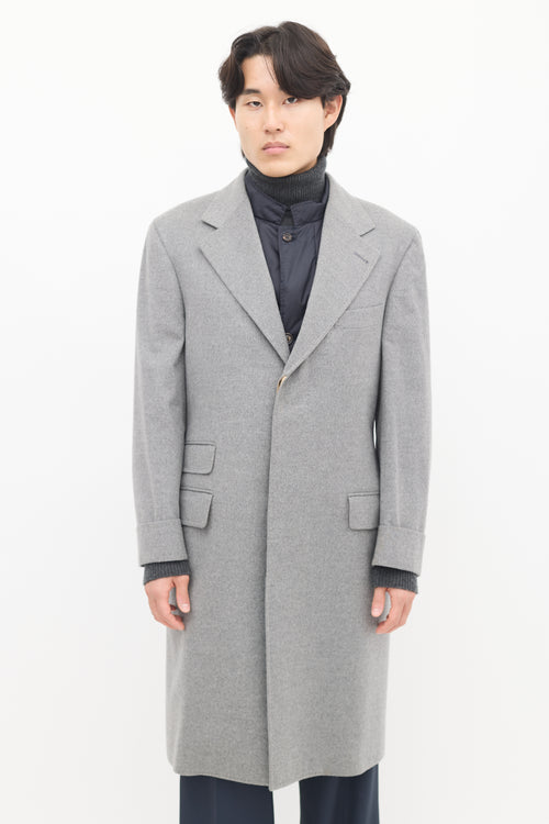 Brunello Cucinelli Grey 
Navy Wool Detachable Vest Coat