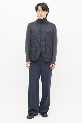 Brunello Cucinelli Grey 
Navy Wool Detachable Vest Coat