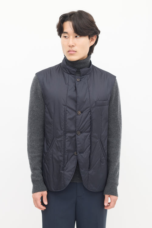 Brunello Cucinelli Grey 
Navy Wool Detachable Vest Coat