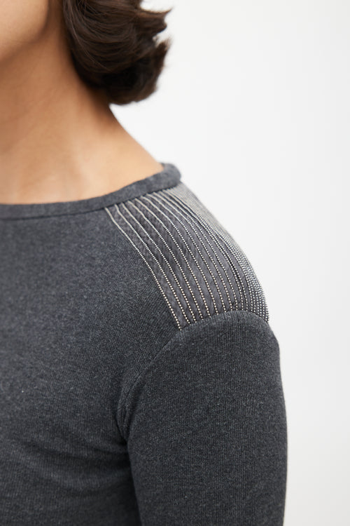 Brunello Cucinelli Grey Pleated Monili Trim Sweater